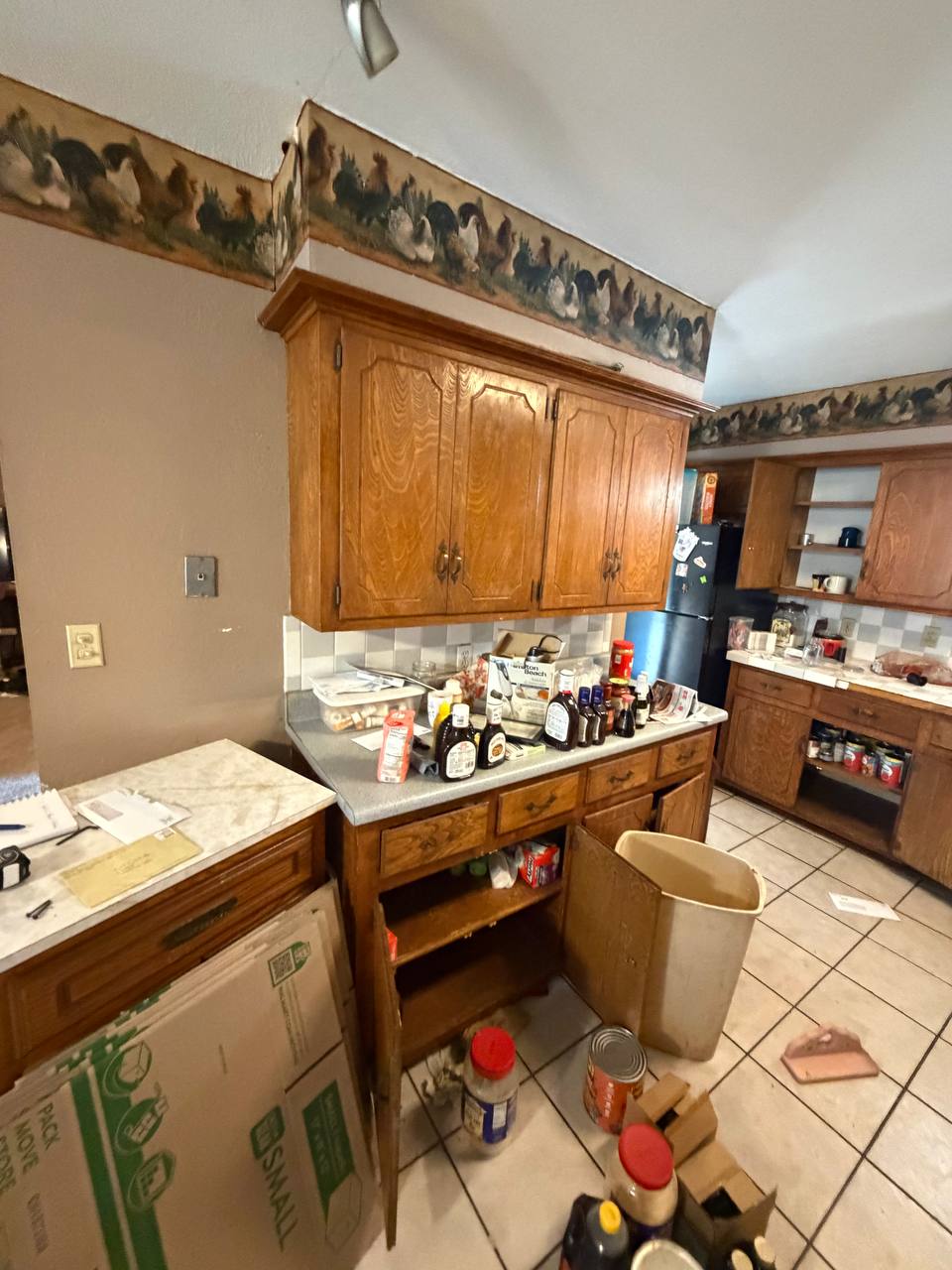 Before — worn cabinetry and laminate counters