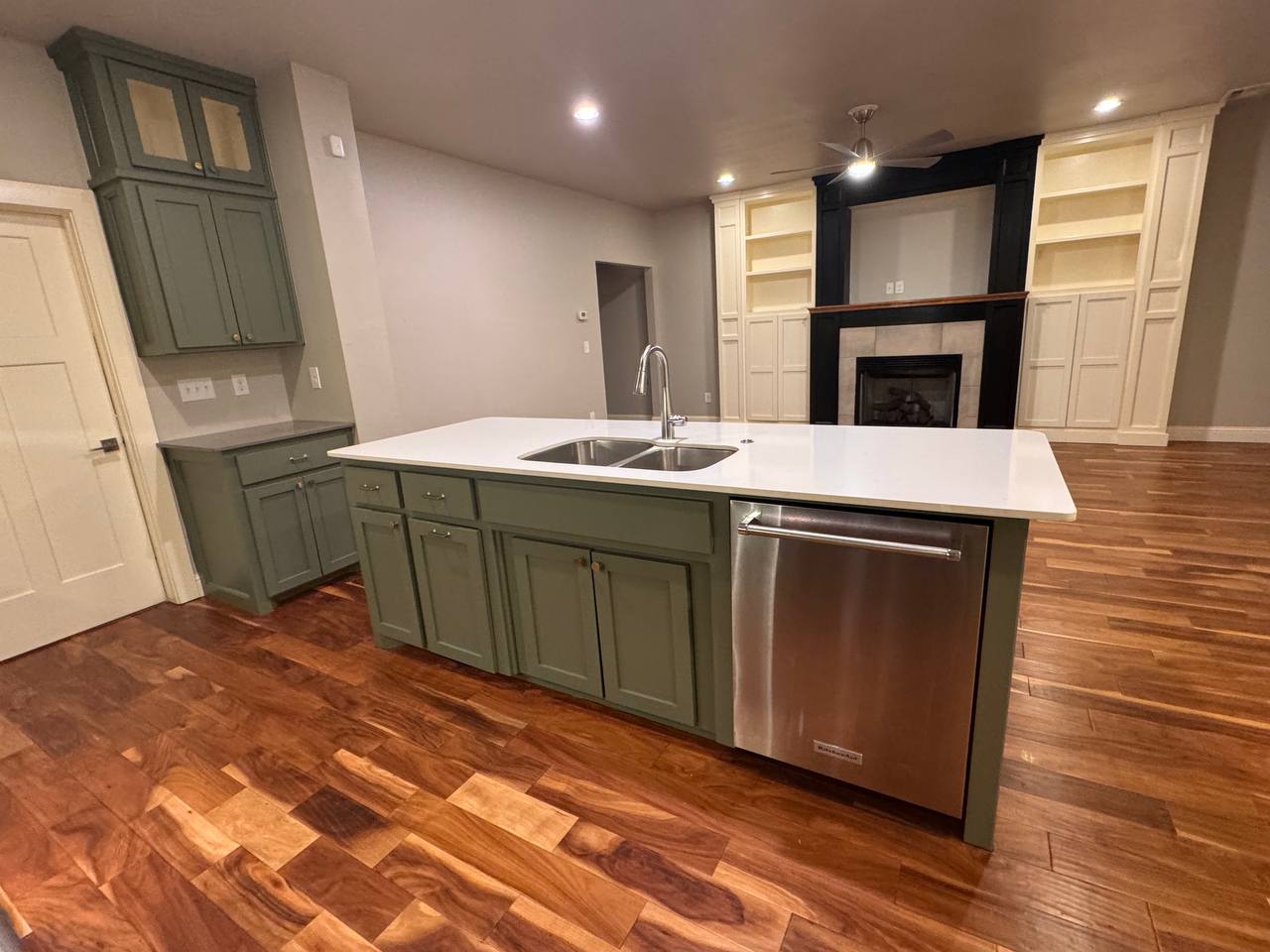Island detail — sage base, quartz top