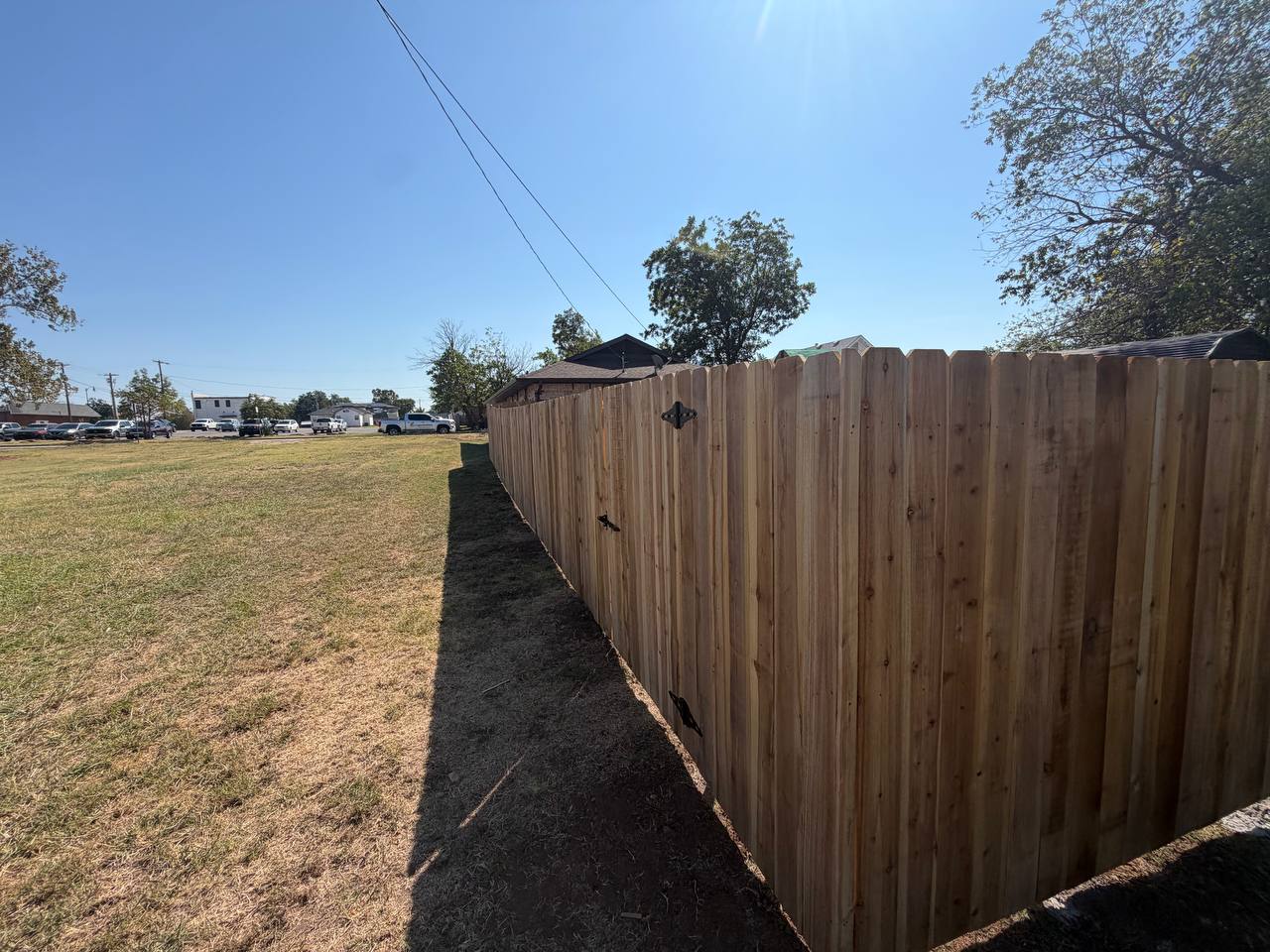 Street-side view of the finished fence line