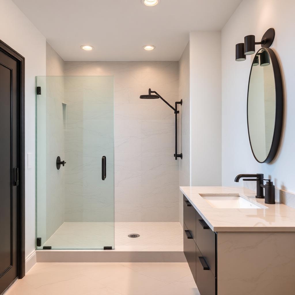 Finished bath with tile surround, new vanity, and updated fixtures